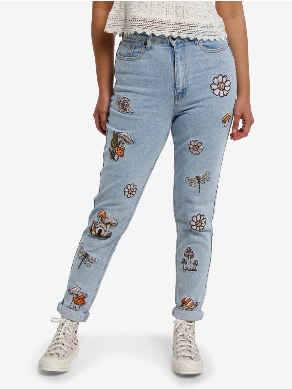 Hot Topic Mushroom Snail Forest Embroidered Mom Jeans Cottagecore